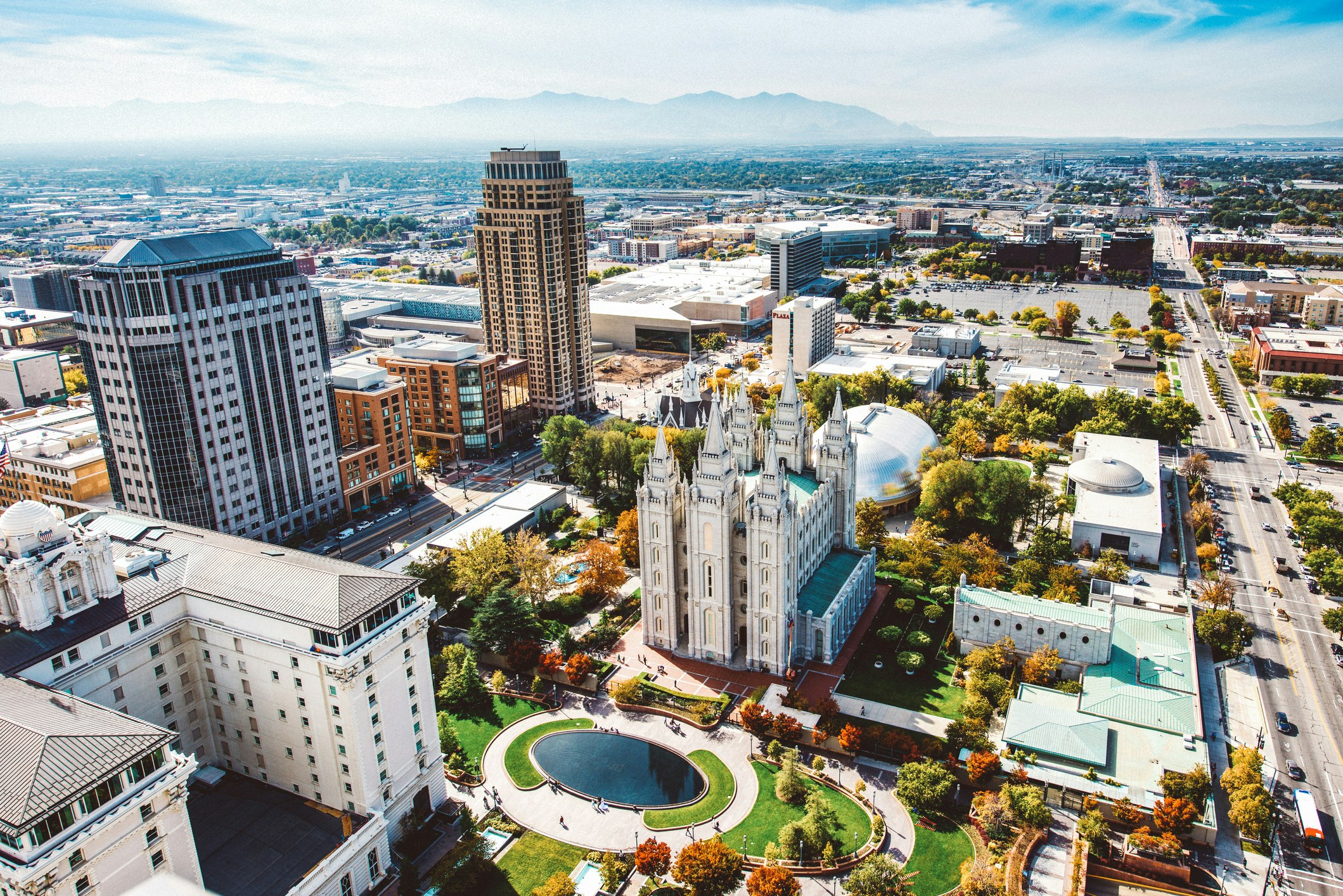 Temple Square dominates the downtown neighborhood of Salt Lake City